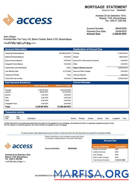 Downloadable Mozambique Access Bank Mozambique mortgage statement Word and PDF template